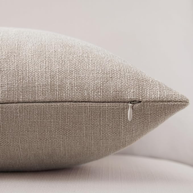 Meekio Set of 2 Light Taupe Throw Pillow Covers 16x16, Modern Farmhouse Linen Blend Decorative Pillow Covers for Couch Sofa Bed, Neutral Home Decor