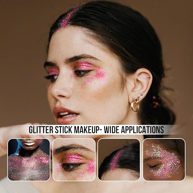 Brzeaf Christmas Pink Glitter Stick, Not Greasy & Long Lasting, Chunky Glitter for Face/Body/Hair/Eyes/Lip, Singer Concert Music Rave Festival, Glitter Stick Makeup & Face Glitter Gel for Women Men
