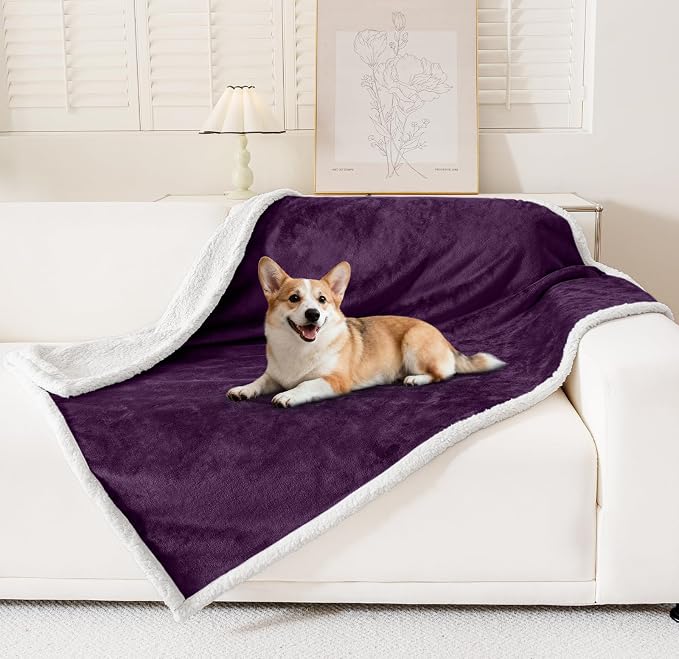 Smiry Waterproof Blanket Throw, Reversible Dog Blanket for Sofa Couch Bed | Soft Leakproof Sherpa Fleece, Washable Furniture Couch Protector for Large Dogs Cats, 40"x60", Dark Purple/White