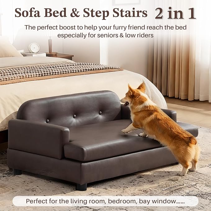 Luxury Dog Sofa Bed Elevated Pet Couch with Durable Waterproof Leather | Dog Couch with Orthopedic Sponge, Modern Furniture Style Dog Lounge & Pet Bedside Step, for Medium/Large Dogs, Brown