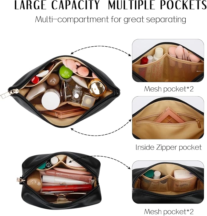 Women Gifts | Initial Makeup Bag for Girl Personalized Gifts for Bridesmaid Friend PU Leather Cosmetic Travel Toiletry Bag(Black,E)