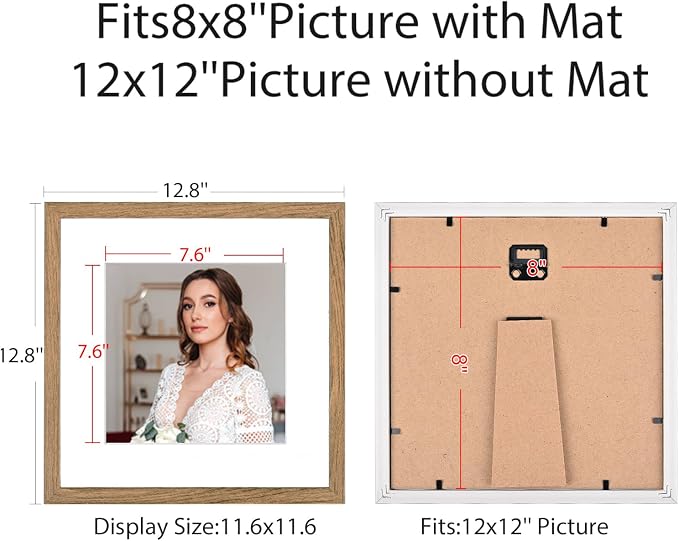 12x12 Picture Frame Set of 9, Display Pictures 8x8 with Mat or 12x12 without Mat, Multi Collage Gallery Square Photo Frames for Wall or Tabletop,Light Brown
