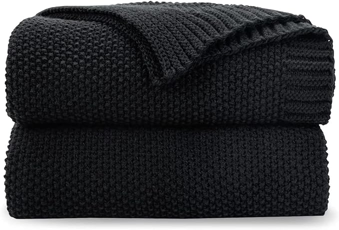 CozeCube Jet Black Seed Stitch Throw Blanket 60"x80", Farmhouse Decor | Blanket for Couch, Soft Cozy Cable Knit Throw for Bed Sofa Living Room, Lightweight Warm Decorative Christmas Blanket