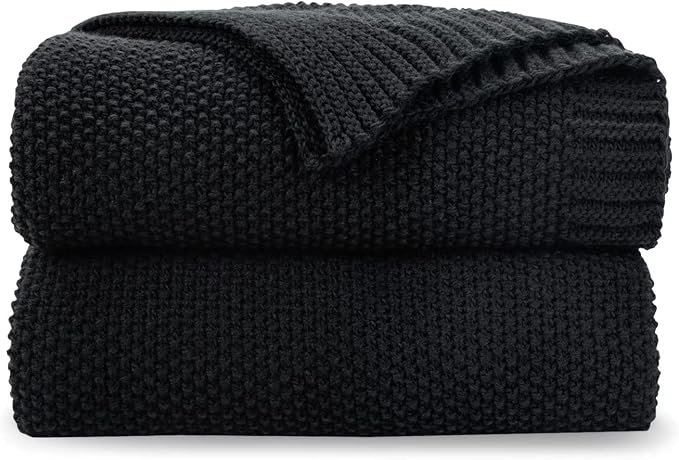 CozeCube Jet Black Seed Stitch Throw Blanket 50"x60", Farmhouse Decor | Blanket for Couch, Soft Cozy Cable Knit Throw for Bed Sofa Living Room, Lightweight Warm Decorative Christmas Blanket
