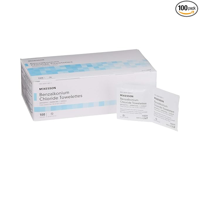 McKesson Benzalkonium Chloride Towelettes [Pack of 100] First Aid Antiseptic Wipes, Sterile Individual Wrapped