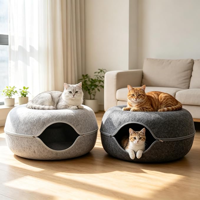 Cat Caves for Indoor Cats, Large Cat Tunnel for Multiple & Large Cats, Scratch Detachable Cave Bed, Kitten Donut Kitty Hideaway Up to 45 Lbs (Dark Grey +Light Grey, Jumbo, 2 Pack)