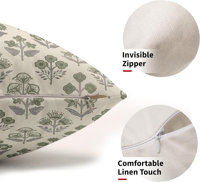 Green Grey Gray Floral Pillow Covers 12x20 Inch Set of 2, Block Print Lumbar Flower Cream Decorative Throw Pillowcases Outdoor Farmhouse Rectangle Cushion Covers Spring Summer Sofa Couch Bed Decor