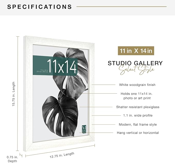 MCS Studio Gallery 11x14 Picture Frame White Woodgrain Engineered Wood, Rectangle Photo Frame for Photos, Posters & Art Prints (1-Pack)