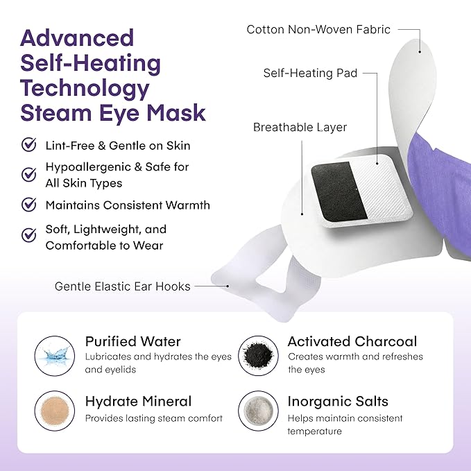 Adellina Steam Eye Mask (30 Pack) – Disposable Self Heating Eye Mask for Dry Eyes, Warm Steam Compress for Puffy Eyes, Sleep & Eye Strain Relief