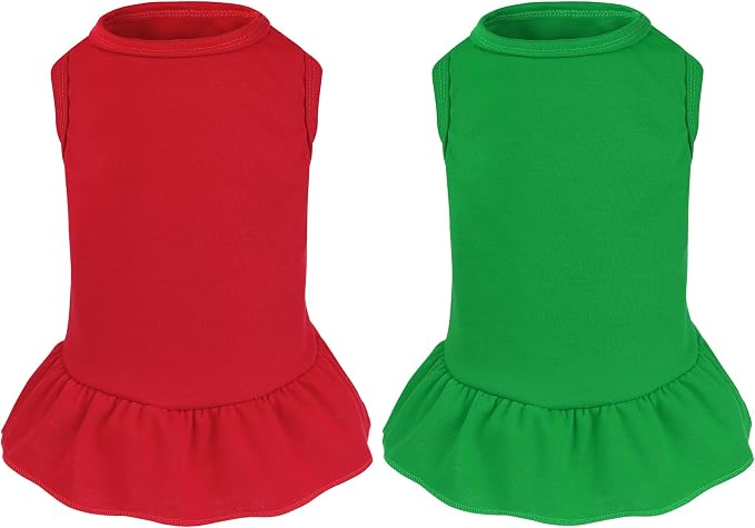 2 Pcs Dog Dresses Cat Skirt Solid Color Dog Clothes Summer Sleeveless Puppy Girl Clothes for Small Pet Dogs Cats (Red,Dark Green, Large)