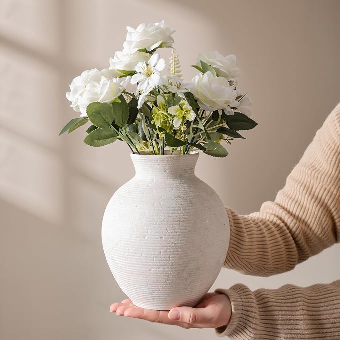 Ceramic Flower Vase Home Decor, 7.4 in Farmhouse Table Vases Rustic Vintage Living Room Kitchen Bedroom Decoration Pottery Decorative Vases for Flowers House Shelf Office Desk Dining Entryway, White