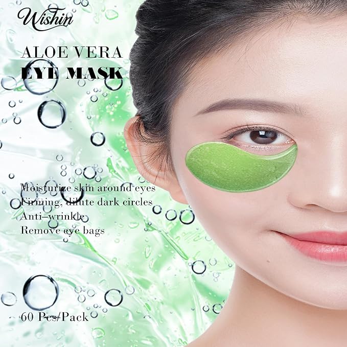 wishin Under Eye Patch - Eye Mask with Hydrating Gel | Dark Circles & Puffiness, Wrinkles & Bags | Natural Aloe Vera + Collagen - Adult Sleep SkinCare, 60Pcs (Aloe)