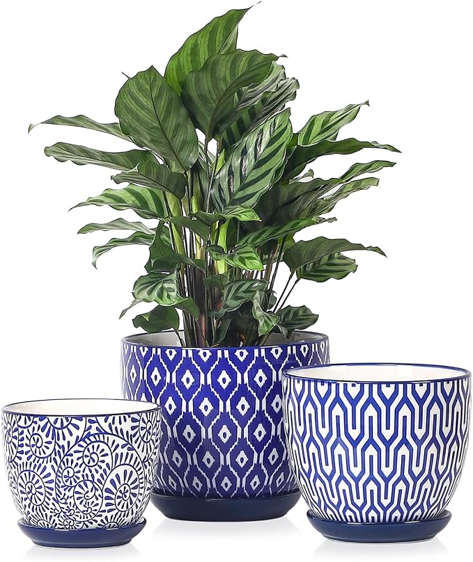 Selamica Ceramic Plant Pots, 4.6+5.6+6.5 Inch Planters with Drainage Holes & Saucer, Flower Pots for Indoor Plants, Home Decor, Set of 3, Vintage Blue