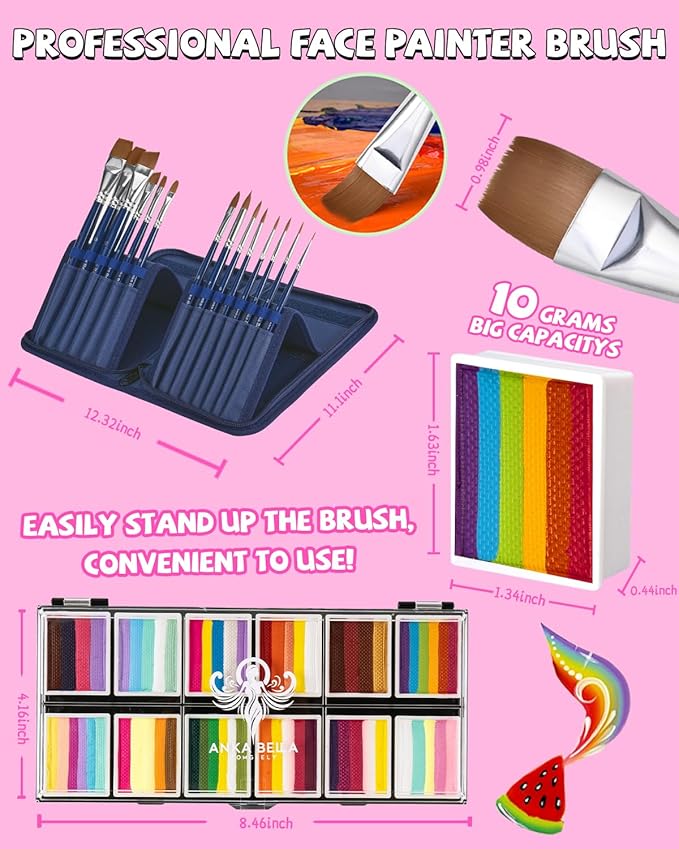 Anka Bella Professional Face Painting Kit for Kids Adults,Water Activated Split Cake Face Paint(12x10gm),Non-Toxic Face Paint Palette for Birthday Parties/Halloween/Carnival