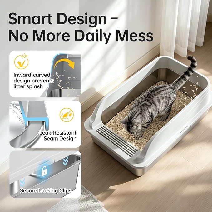 High-Sided Stainless Steel XL Cat Litter Box for Cats | High-sided design prevents urine leakage. Non-stick and easy to clean. Includes scoop.