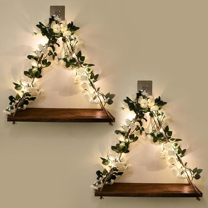 Floating Shelves for Wall,Hanging Shelves,Room Decor,Wall Decor,Boho Decor | Floating Shelves No Drill,Trinket Shelf,Cottage Core Wall Decor,2-Pack Shelf Set Includes Artificial White Rose & LED Lights