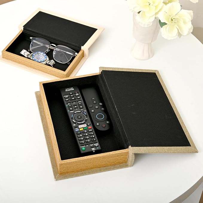 DECOR4SEASON Decorative Faux Book Storage Boxes Set of 2, Linen Fabric Textured Books, Neutral Cream & Grey, Modern Minimalist Home Decor, Bookshelf Accents for Coffee Table