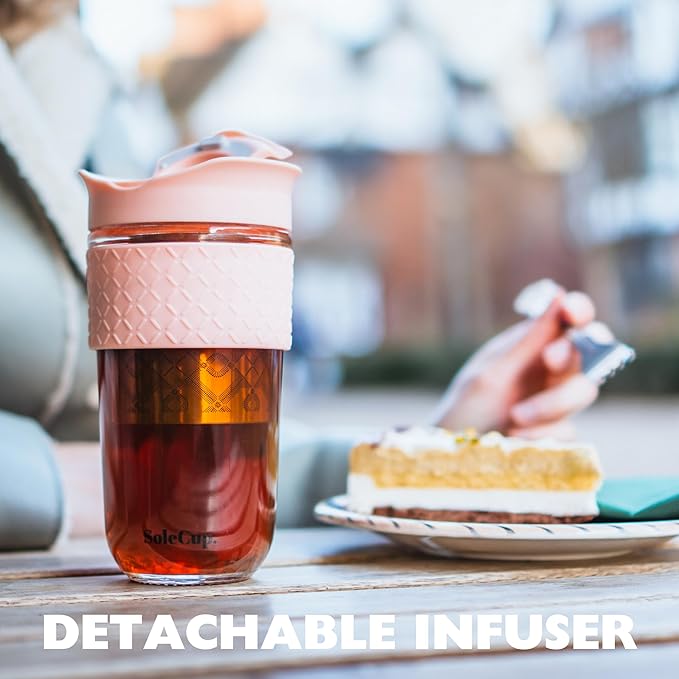 Large Travel Mug Loose Tea Infuser - Detachable Tea Strainer with Spill Proof Lid - 18oz/530ml BPA-Free Reusable Glass Travel Coffee Cup with Silicone Band (Black, 18oz)
