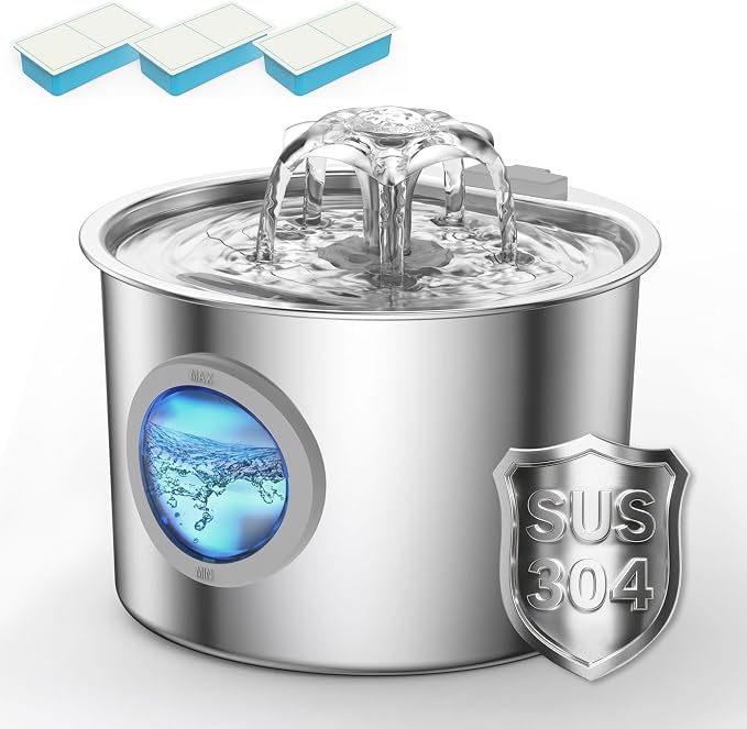 Cat Water Fountain Advanced 304 Stainless Steel 2.2L/74oz with 3-Pack Replaceable Filters, Detachable Tank, Easy to Clean, Automatic Pet Fountain Quiet Cats Water Dispenser, Dogs