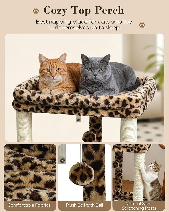 SYANDLVY Leopard Print Cat Tree with 2 Levels Perch Platforms for Kittens | Natural Sisal Scratching Post Tower with Hanging Bell Ball & Anti-Tip Strap, Stable Cat Furniture for Indoor Cats