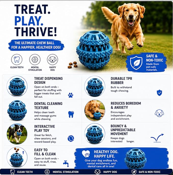 Rubber Dog Chew Toy Ball, Blue and Yellow, Bite-Resistant, Interactive Teeth Cleaning, Hidden Food Treat Dispenser for Dogs (Blue)