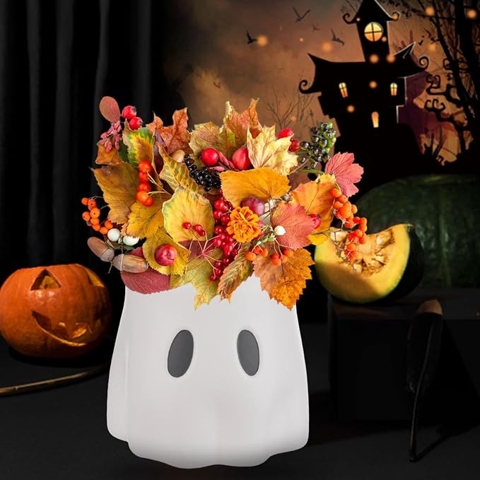 Ghost Bucket Planter, Cute Ghost Design, Plastic, Indoor & Outdoor Decor, Versatile for Plants or Halloween Treats, Durable and Weather-Resistant, Spooky Home or Garden Decoration (7.87‘ X 2)