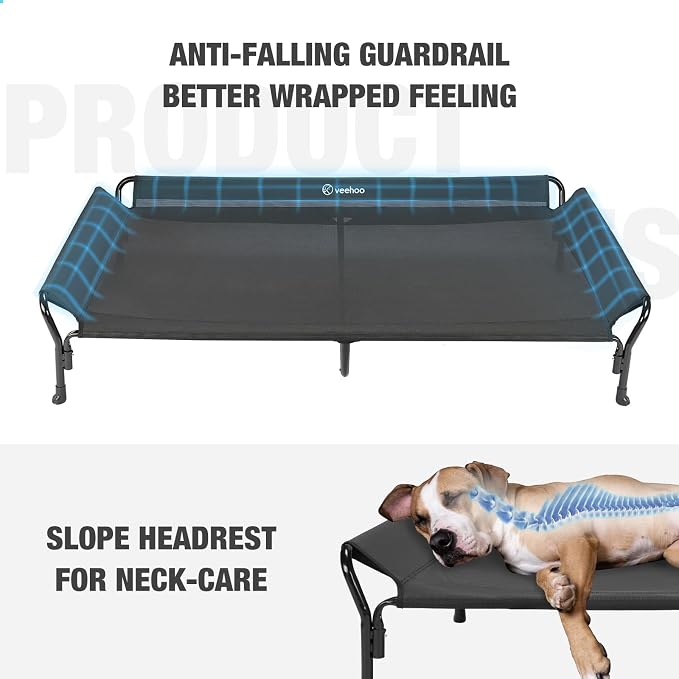 Veehoo Cooling Elevated Dog Bed, Raised Dog Cot with Guardrail & Headrest | Washable Dog Couch Bed for Indoor & Outdoor, Durable Breathable Teslin Mesh, Non-Slip Feet, XX Large, 63" x 37", Black