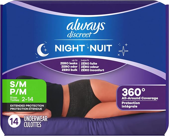 Always Discreet Adult Incontinence Overnight Underwear for Women, Small/Medium, Up to 100% Bladder Leak Protection, 14 Count