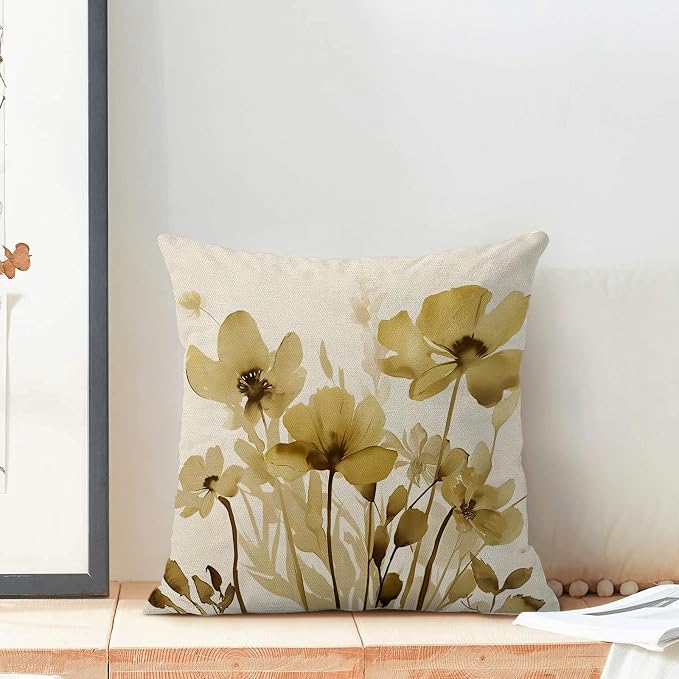 Spring Floral Pillow Covers 18x18 Inches Set of 2,Yellow Floral Throw Pillow Covers Outdoor Summer Flower Decoration Pillowcase Farmhouse Decorative Square Decor Cushion Cover for Couch Sofa