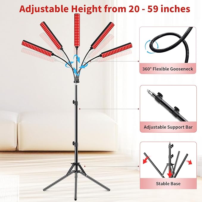 Cholas Red Light Therapy for Face Body, 5 Heads Red Infrared Light Therapy Devices with Stand, 5 Levels Adjustable Brightness 660nm and 850nm LED Near Infrared Light for Full Body, Face, Skin, Muscle