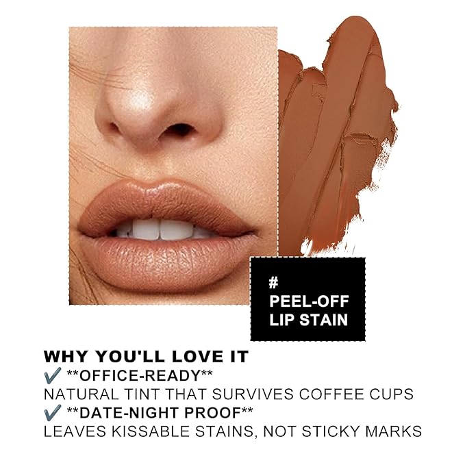 Lip Stain Peel Off - Red Brown Terracotta Lip Tint for Women & Teens | Long Lasting, Waterproof, Non-Sticky, Hydrating | Bold Peel Off Lip Glaze for Sultry Makeup Look