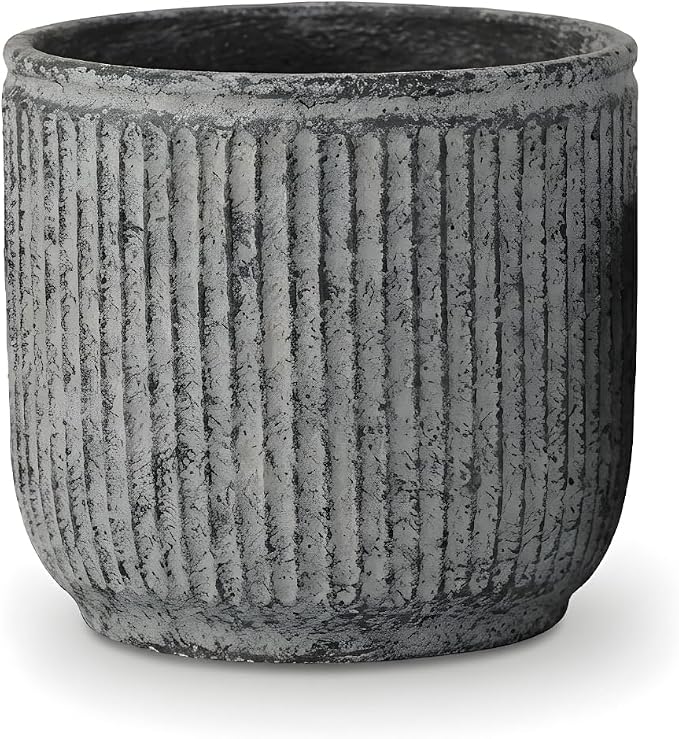 Etrus Small 6.4" Ceramic Vase – Handcrafted Vertical Ribbed Distressed Concrete Finish, 7" Wide – Indoor & Outdoor Modern Décor for Shelf, Desk & Table
