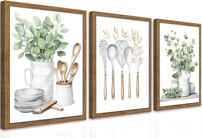 Sage Green Kitchen Canvas Wall Art Set of 3 – Framed Minimalist Eucalyptus Leaves Wall Decor Artwork, Modern Dining Room Plant Pictures Poster Prints for kitchen Home Decoration – 12x16in