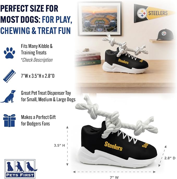 Pets First NFL Pittsburgh Steelers Cleat Sneaker Spike Dog Toy, Football Treat Dispenser Chew Toy for Dogs, Interactive Rope Tug Toy, Slow Feeder Natural Rubber Dog Toy with Official Team Logo