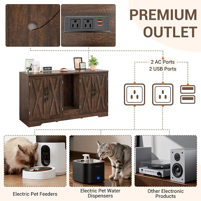 59.1" Cat Litter Box Enclosure for 2 Cats, Hidden Litter Box Furniture with Dog-Proof Lockable Door and Built-in Power Outlet, Litter Collector, Vent Openings, Anti-Tip Kit and Magnetic Door, Brown