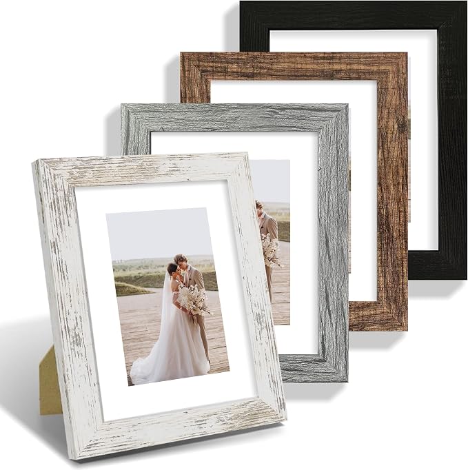 Hongkee 6x8 Picture Frame Set of 4, Made of Real Glass and Multicolour Frame - Display Picture 4x6 with Mat or 6x8 Without Mat, 6 by 8 Photo for Wall or Tabletop