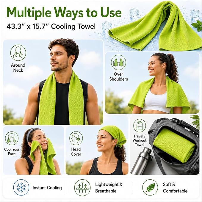 Cooling Towels 43.3" x 15.7" Lime Green - Ice Towel, Sweat Towel, Cooling Towels for Neck & Face & Cooling Neck Wraps for Summer Heat - Neck Cooler for Quick Cool Down for Gym, Running, Golf Sports