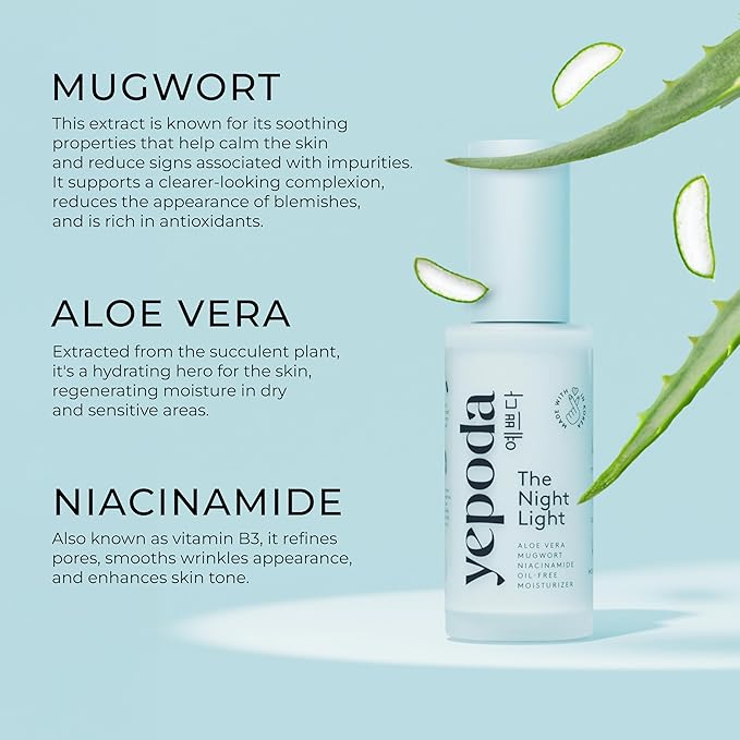 Yepoda The Night Light, Oil-Free Soothing & Clarifying Night Moisturizer with Aloe Vera, Mugwort & Niacinamide, Hydrating Vegan Korean Facial Moisturizer for All Skin Types, 1.69 FL. OZ. (50 ml)