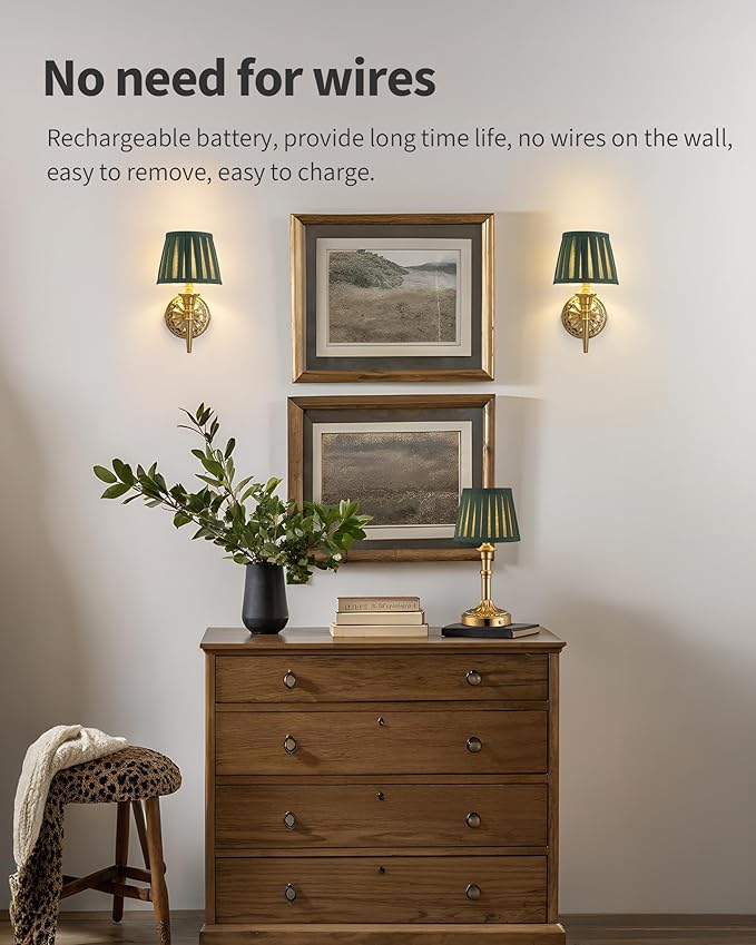KDG Cordless Gold Wall Sconces Set of 2, Green Fabric Lampshde Wall Lamps | Small LED Wireless Portable Rechargeable Battery Lighting for Wall Painting, Living Room, Bedroom, Hallway, Gifts, Nightlight
