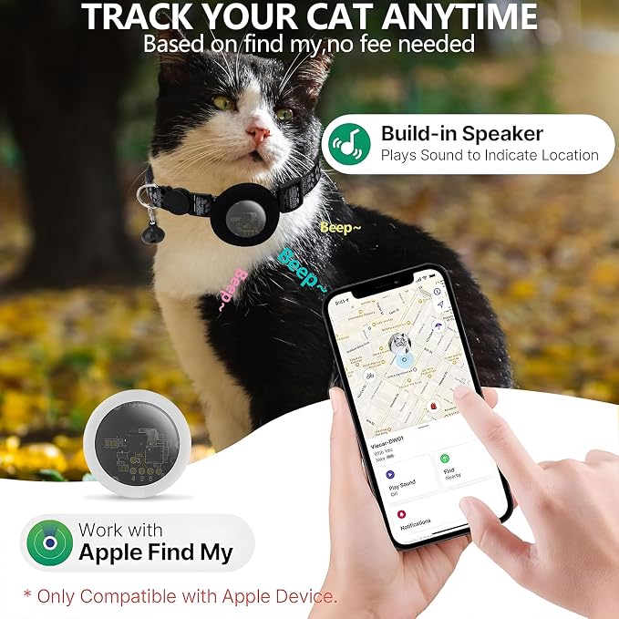 GPS Tracker for Cats, Mini GPS Pet Tracker with Collar, IPX8 Waterproof Cat Trackers Collar,No Monthly Fee,Work with Apple Find My(iOS Only),Smart Trackers for Pets-Black-4