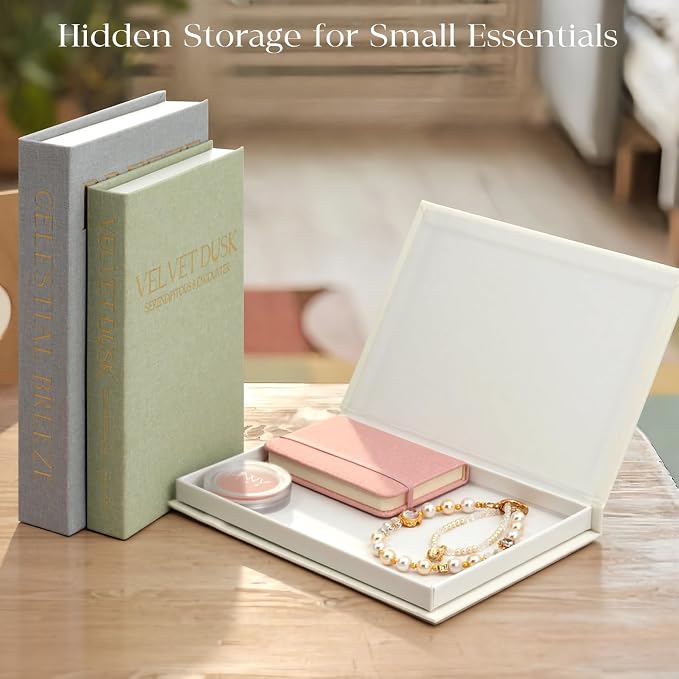 Decorative Books for Home Decor, Set of 3 Neutral Linen Storage Boxes | Linen Faux Book Boxes with Hidden Storage for Coffee Table, Bookshelf, Mantel, Living Room Decor, Photo Storage& Keepsake Box