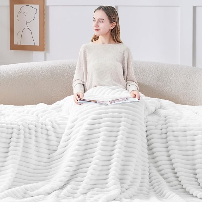 BEDELITE Ribbed Twin Blanket for Couch & Bed, Bright White, 60"x80" | Ultra-Soft Plush Fleece, Cozy, Warm Yet Lightweight, Ribbed Texture, Home Decor, Machine Washable, Giftable, All-Season Use