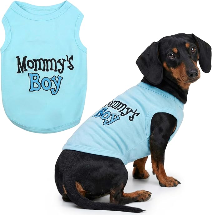 Parisian Pet Dog Shirt for Mother's Day – 100% Cotton Shirts for Large Dogs – Blue Sleeveless Puppy Clothes – Lightweight and Breathable Dog Apparel – Boy Dogs Clothes - Stretchy Mommy’s Boy Pet Shirt