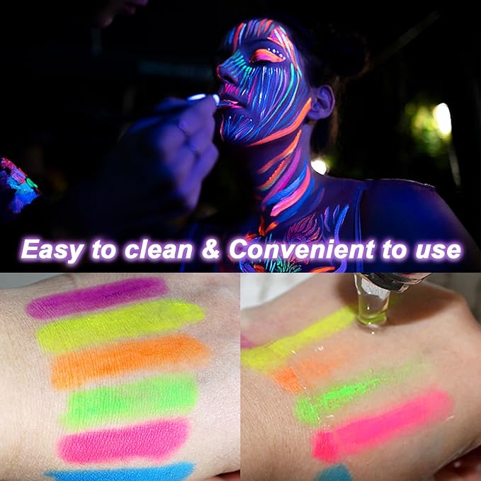 Glow UV Blacklight Face Paint,Neon Fluorescent Body Painting Palette,Water Activated Makeup Eyeliner,Water Based Glow In The Dark Party Halloween Washable for Adult Body Paint Set (12 color)