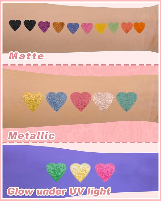 Oiomniv Temporary Tattoo Markers, 15PCS Body Markers Dual-End for Kids Adults, 62 Tattoo Stencils Temporary Tattoos Stickers, Glitter Matte Neon Tattoo Pens, Flexible Brush Tip, Skin Safe