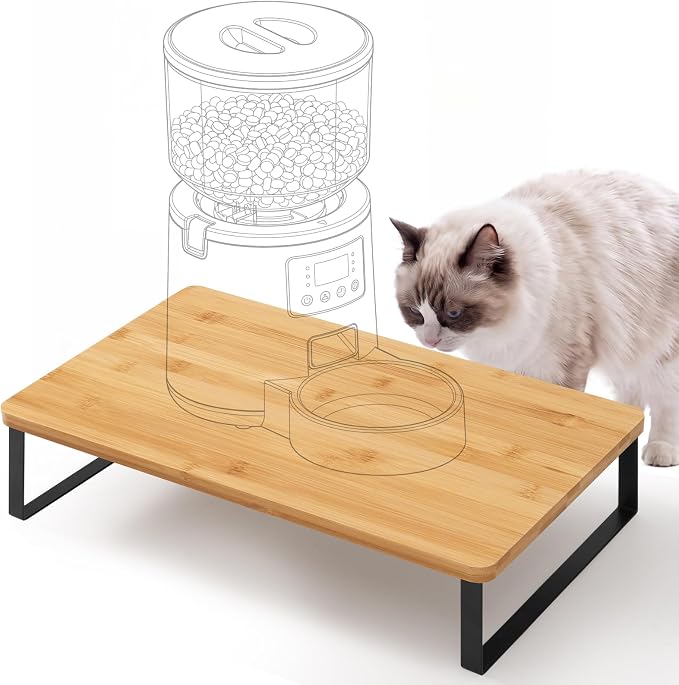 Bamboo Wood Cat Food Stand for Automatic Cat Feeder and Bowls | Non-Slip Metal Frame Elevated Cat Bowls Stand 15.7'' x 9.1'' Tabletop Fit Most Automatic Feeders, Raises Feeder/Bowl by 3.5''