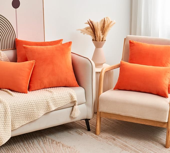 Fall Orange Throw Pillow Covers Decorative Velvet Set of 2 16x16 Inch Pillow Covers, Soft Burnt Orange Pillowcases for Couch Sofa Bed Living Room, Farmhouse Boho Decor, Accent Cushion Covers