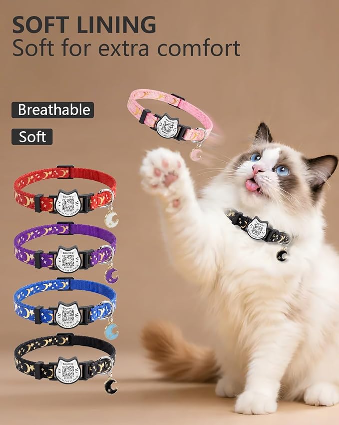 Star & Moon Breakaway Cat Collar with QR Code Tag (Pink & Purple) | Reflective Nylon, Quick-Release Buckle，Smart