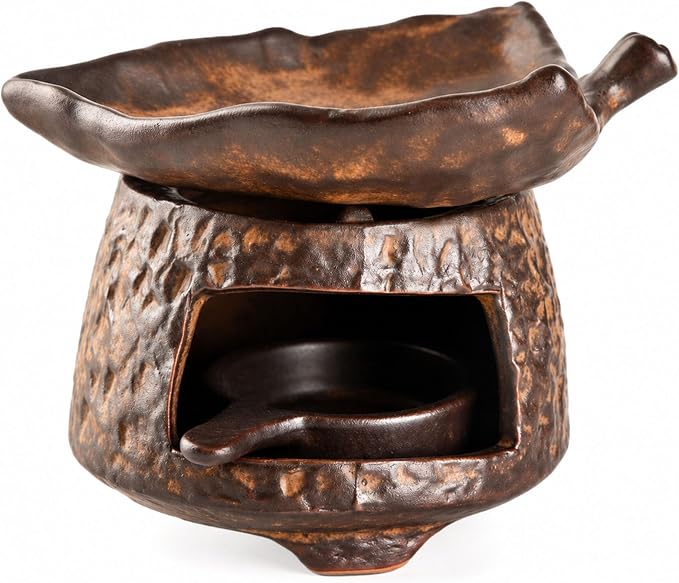 Ceramic Essential Oil Burner, Wax Melt Warmer & Palo Santo Holder, Handmade Retro Aromatherapy Burner with Tea Light Candle Holder, Rustic Zen Home Decor Incense Burner