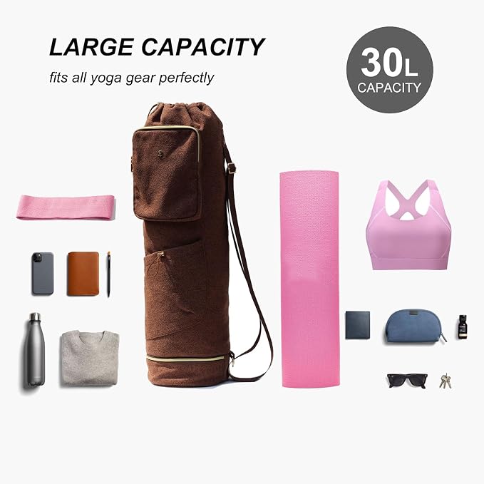 ESVAN Yoga Mat Bag with Multi Pockets Drawstring Yoga Mat Carrier Pilates Exercise Multi-Functional Storage Bag